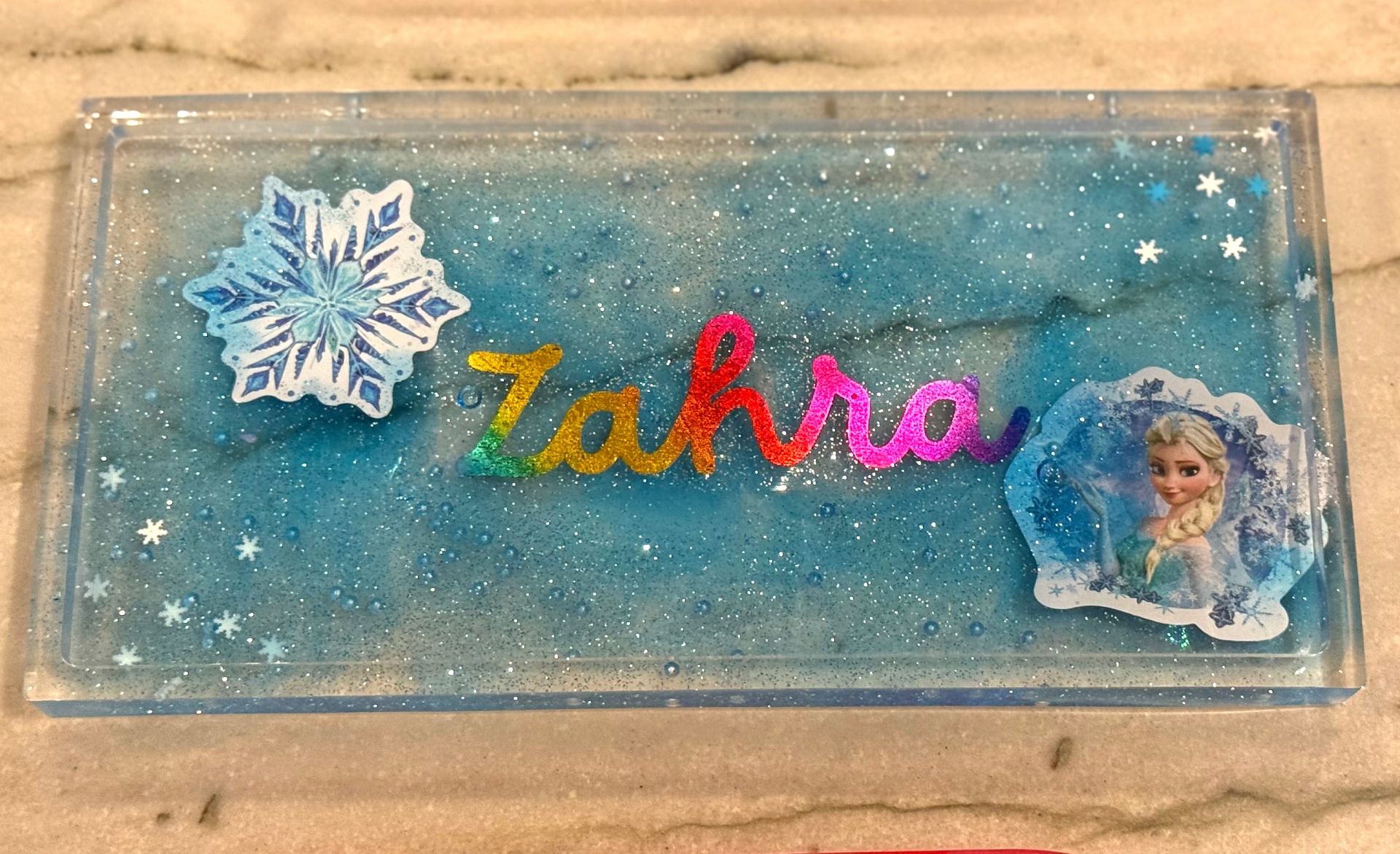 Blue glitter resin tray personalized with the name Zahra