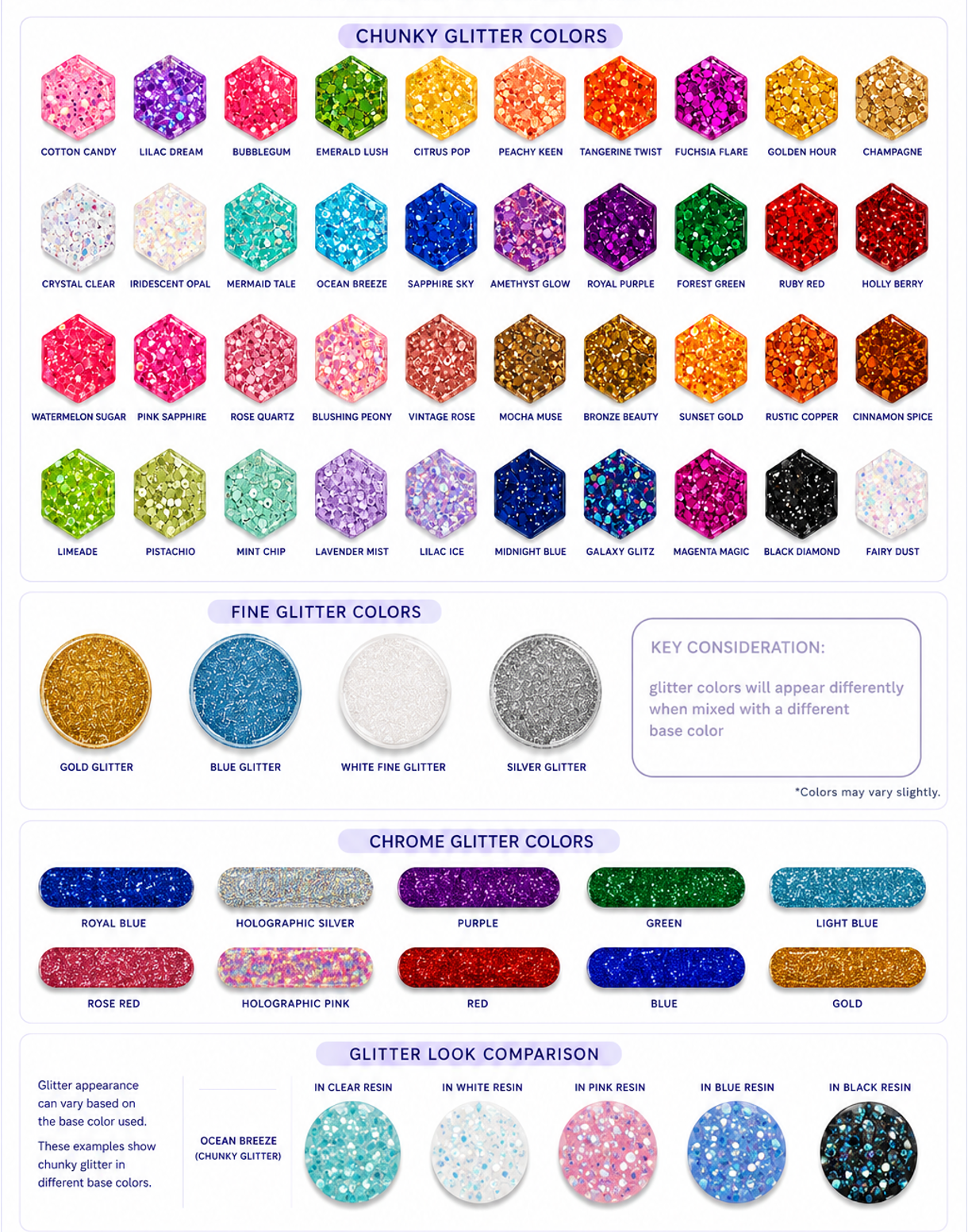 Glitter chart showing chunky, fine, and chrome glitter colors with names